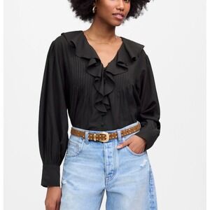 Madewell Black Ruffle Pintuck Long Sleeve Button Up Blouse Shirt Women's XS New